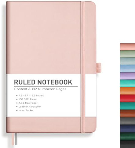 RETTACY Lined Journal Notebook - A5 Note Book Hardcover Notepad 192 Numbered Pages for Writing,100gsm Lined Paper, Leather Hardcover, for Women Men Work Office School,14.5 x 21cm -Rose Gold
