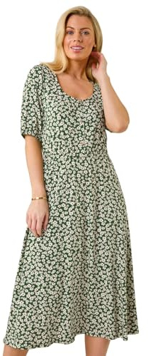 Roman Originals Swing Tea Dress Women UK Ladies Skater Midi A Line Fit & Flare Summer Casual Smart Cocktail Party Going Out Work Cruise Button Through Long Pocket - Khaki - Size 14