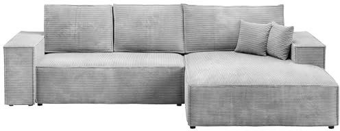 BROMARKT Ecksofa mit Schlaffunktion L Form Sofa Eckcouch mit Bettkasten Wohnlandschaft Kordstoff Couch 294x185x85 cm Schlafsofa für Wohnzimmer Pablo Hellgrau Rechts