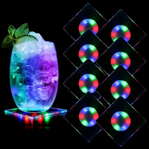 UNISOPH RGB Leuchtende Untersetzer Für Gläser, 8-Teiliges Set Led Untersetzer Mit 3 Lichtmodi, Leuchtende Untersetzer, Led Untersetzer Für Gläser, Whisky Glas, Party Bar KTV