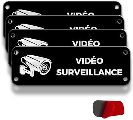 FloraVigo Panneau de caméra, 4 panneaux de propriété privée, 15×5 cm, panneau d'alarme de sécurité, intérieur/extérieur, panneau en aluminium, panneau d'alarme, avec autocollant (VIDÉO SURVEILLANCE 1)