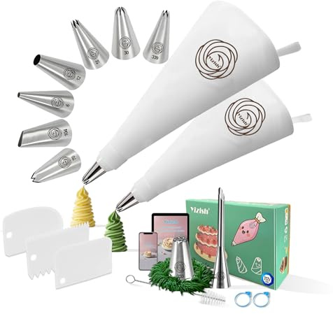 Spritzbeutel mit Tüllen Set, Spritztüllen aus Edelstahl, 2 Spritzbeutel Wiederverwendbar Baumwolle & 3 Tortenschaber, Torten Zubehör für Küche, Kuchen backen, 18 Teilig