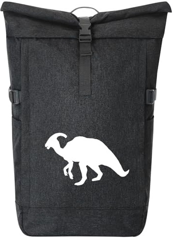 Huuraa Kurierrucksack Parasaurolophus Dinosaurier 30-44 Liter Black Melange Fairtrade Rolltop Rucksack Geschenkidee