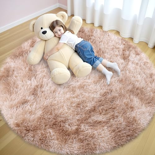 smiry Hochflor Teppich Wohnzimmer, 200cm Rund, Beige | Waschbar Anti-Rutsch Moderner Flauschiger Kuscheliger Teppich für Wohnzimmer, Schlafzimmer, Kinderzimmer