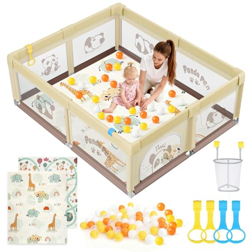 SOFTHOM Laufstall Baby mit Matratze, 150x180cm Laufgitter Baby mit Rutschfestem Boden und Atmungsaktivem Netz, Stabiler und Sicherer Indoor & Outdoor Babyspielplatz, Inkl. 60 SeebäLle, 4 Griffe