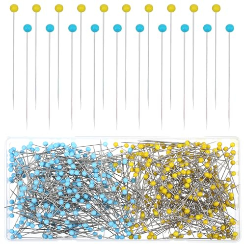 Glaskopfstecknadeln Lang Stecknadeln Mit Kopf Groß 500 Stück 4,4 cm Lange Glaskopfnadeln Geradem Edelstahl Nähstifte Runde Gelb Hellblau für Basteln Nähen Säumen Craft Jewelry Komponenten Dekoration