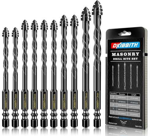 DKIBBITH 4-Flute Serrated Masonry Drill Bit Set (10-Piece, Black) - 5mm to 12mm for Concrete, Tile, Brick, Glass, Ceramic.