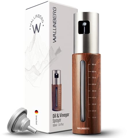 WALLINBERG® Premium Holzoptik-Ölsprüher 100 ml | hochqualitativer Edelstahl & Glas | Feinnebel-Sprühflasche für Speiseöl & Essig | nachfüllbare Sprayflasche | Ölspray für Airfryer, Grill & Küche