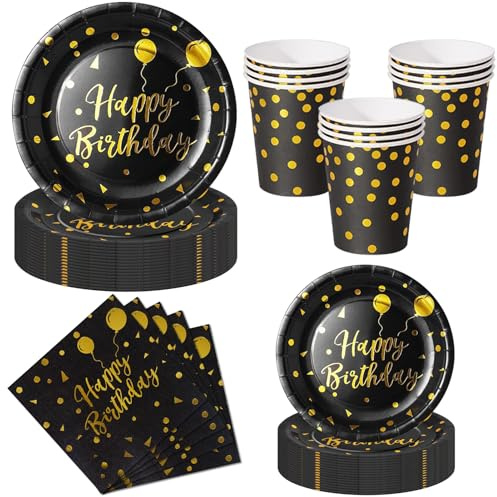Nkaiso Platos y Vasos para Cumpleaños, 50 Piezas Negro Oro Platos Carton Desechables Set, 10x 23cm & 10 x 18cm Platos Fiesta, 10 Vasos, 20 Servilletas - Para decoración de cumpleaños -10 Invitados