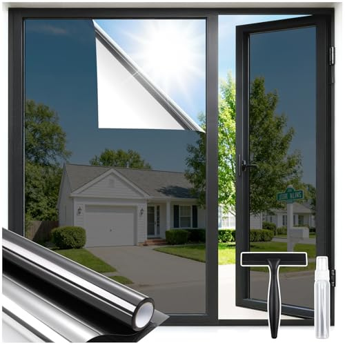 rabbitgoo Reflective Window Film Privacy with Tool, Black Silver 44.5x400cm | Heat Reflect One Way Privacy Film for Glass Windows Mirror Tint Static Cling Anti Glare UV, Sun Blocker for Home, Office