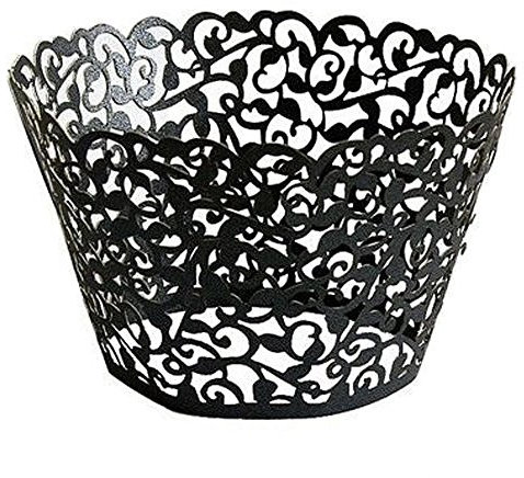 AKA® Little Flower Vine Lace Laser Cut Cupcake Wrappers Wraps Liners Baking Cup Muffin Case Trays Wedding Birthday Party Decoration (25pcs, Black)