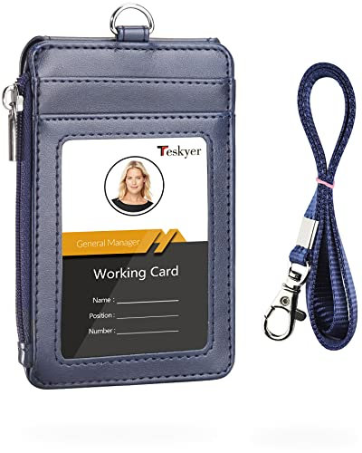 Teskyer Porte Badge, Porte Badge Tour de Cou, Porte Badge en Cuir PU avec Poche Zippée, Lanière en Nylon, 1 Fenêtre d'identification Transparente et 3 Emplacements, Bleu