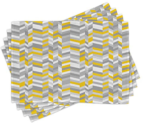 ABAKUHAUS Grau und Gelb Platzmatten, Geometrische Vintage 60s Home Muster inspiriert Fischgrat Zig Zag Linien, Tiscjdeco aus Farbfesten Stoff für das Esszimmer und Küch, Grau Gelb