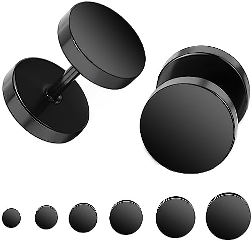KWUNCCI Black Stud Earrings for Men Women Fake Gauges Ear Tunnel Faux Plugs Mens Earrings Surgical Steel Earrings 6 Pairs 5mm-10mm