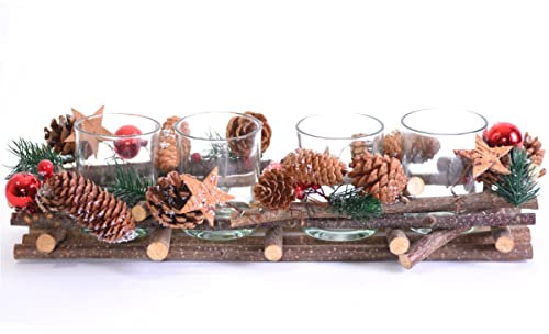 meindekoartikel Adventsgesteck mit 4 Teelichthalter Weihnachts Dekor aus Holz Glas Kunststoff - Weihnachtsgesteck für Tisch, Advent, Fensterbank (bunt) B40 x H10 x T17cm