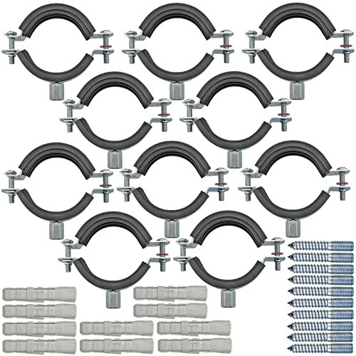 Qualitäts Rohrschellen mit Schallschutz 10-116mm | Set 10 Stück | mit Stockschraube und Dübel | Wunschgröße einfach auswählen >>> 1 1/2 Zoll = 48-53mm Durchmesser