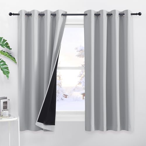 PONY DANCE Vorhang Blickdicht Kurz Ösenschal 2er Set Schlafzimmer Gardinen und Vorhänge Lichtundurchlässig Thermovorhang gegen Hitze Verdunklungsgardine, Silbergrau, H 145 x B 140 cm