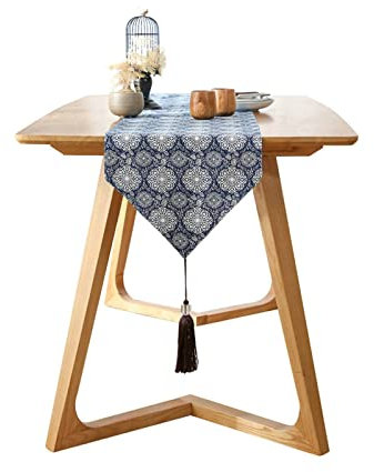 Baumwolle Tischläufer 33x180 cm Blumen Tischläufer Tischdekoration Dunkelblau Retro Blumen Tischläufer mit Quaste