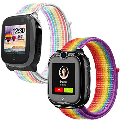 Kuaguozhe 2 Stück Kinder Armbänder Kompatibel mit Xplora X5 / XGO 2/XGO 3 Armband,Kids Smartwatch Weich Sport Nylon Ersatzbänder für X5 Play/XGO2/XGO3,Mädchen Jungen Geschenk, Regenbogen + Neon