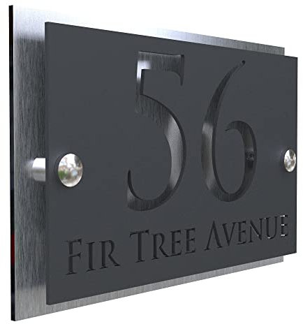 K Smart Sign | Simpatico | Modern laser Cut House Signs 3d effect door number address style sign plaques address numbers | 200mm x 130mm (Brushed Silver & Matt Gray)