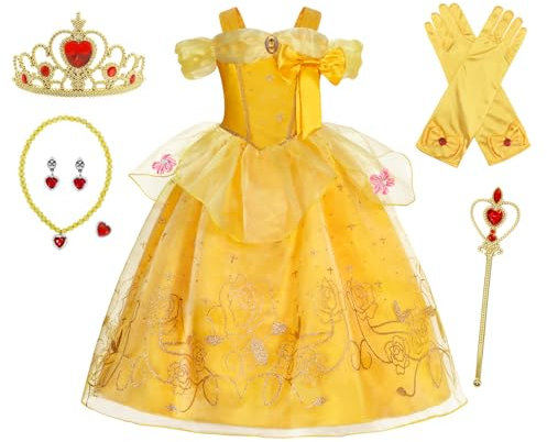 Berich Déguisement de princesse jaune avec couronne pour la journée mondiale du livre, costume d'Halloween, de Noël pour enfants, 7 à 8 ans (jaune, 130)