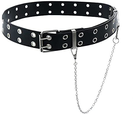 Leadigol Ledergürtel mit doppelter Öse, Punk, schwarzer Gürtel, Taillengürtel, lange Dornschließe, Gürtel für Damen und Herren, Jeans (schwarz), Schwarz, 105 x 3.8cm