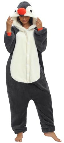 Pigiama Intero Adulto Cosplay Animale Onesies Morbido e Caldo Pigiama Invernale Pile con Cappuccio e Tasche Tuta Intera in Peluche Ideale Regalo per Costume Carnevale Halloween Natale Pinguino XXL