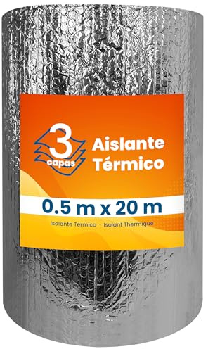 Aislante Térmico Reflexivo de Aluminio y Burbujas 0.5 x 20 m (10 m²) | Triple Capa | Ventanas, Radiadores, Cajón Persianas, Puertas, Camper, Buhardilla, Uso Industrial, Viviendas