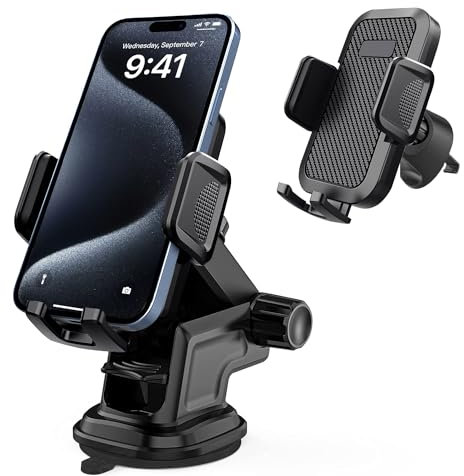 Car Phone Holder,Dashboard Windscreen Vent Handsfree Mobile Mount Stand Cradle for iPhone 15 16e/16 Pro Max/15 Plus/14 13 12 11 Series/SE 2022 2020,Xiaomi Mi/Redmi Note 13,Strong Suction Cup & Hook