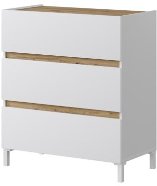 Habitdesign, Kommode mit 3 Schubladen – skandinavischer Stil in Nodi-Eiche & Artik weiß, mit Füßen, Schubladenschrank für Schlafzimmer oder Büro, Maße: 79 x 91 x 41 cm (B x H x T), Modell Tempus
