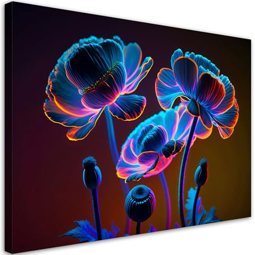 Feeby - Wandbilder Wohnzimmer 90x60 cm, AI Neon Exotische Blumen, Leinwand Bilder, Bilder für Schlafzimmer, Echter Gemalter Effekt, Moderne Wanddeko, Gemälde - Abstraktion Natur mehrfarbig
