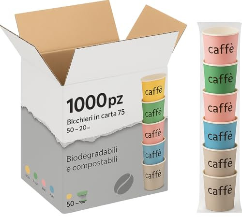 vidoelettronica 1000 Pz Bicchieri Caffe' di Carta Biodegradabili Biocompostabili Tazzine 75 ml Bicchiere Carta Resistente