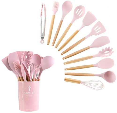 GJIE Kitchen Utensil Set, 12 PCS Silicone Cooking Utensils Set with Wooden Handle, Heat Resistant, Nonstick Cookware Tongs Spatula Spoon Set, Dishwasher Safe, Best Kitchen Tools (Pink)