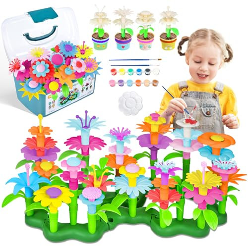 JONRRYIN Blumengarten Spielzeug ab 3 Jahre Mädchen, DIY Bouquet Malset Sets mit Aufbewahrungskiste, Flower Garden Building Toy Set, Blumen Steckspiel für Mädchen, Blume Garten Gebäude Spielzeug
