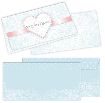 25 Dankeskarten mit 25 Kuverts für Hochzeit, Standesamt, Geburtstag, Konfirmation, Kommunion, Taufe, Geburtstag, Jubiläum. Klappkarten 21 x 10,5 cm. Design mit elegantem Ornament und Herz rosa blau