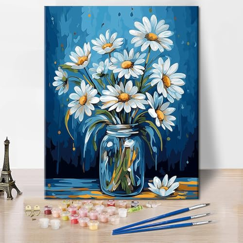Daisy en el jarrón color por números, acuarela margaritas DIY color por números kit para adultos, flores color por número sobre lienzo, adecuado para decoración de pared del hogar, 40 x 50 cm, sin