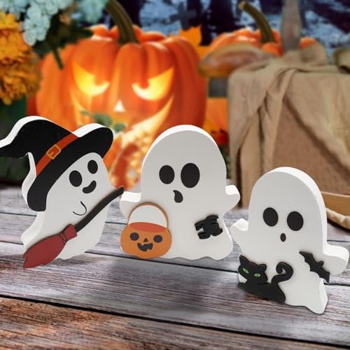 3 Stück Halloween Geister Figuren Dekoration, Halloween Deko Innen Spukdekoration, Einzigartliche Halloween Ghost Katze Fledermaus aus Holz, für Halloween-Partys, Tischdekoration, Innendekoration