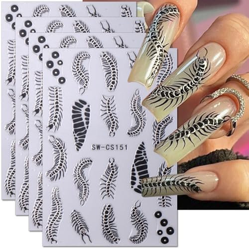 Silber Schwarz Tausendfüßler Nagelsticker Horror Nail Sticker Y2K Nagel Stickers Nagelfolie Selbstklebend Halloween Nagel Sticker Nagelaufkleber Nageldesign Aufkleber Nägel Zubehör Nail Art Stickers