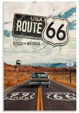 GHJOPAF Route 66 USA-Vintage-Poster, Leinwandbild, Wandkunst, Bild, Heimdekoration, Druck für Schlafzimmer, Wohnzimmer, 30 x 45 cm, ungerahmter Stil