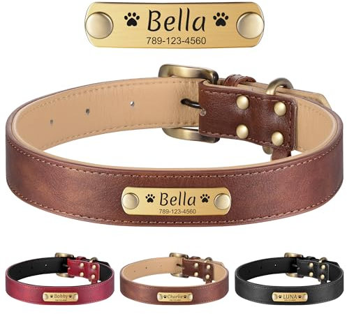 YEHANTI Hundehalsband Personalisiert, Verstellbares Hundehalsband für Welpen Kleine Mittel Große Hunde, Hunde Halsbänder aus Leder, Langlebig Halsband Hund mit Name und Telefonnummer, Braun