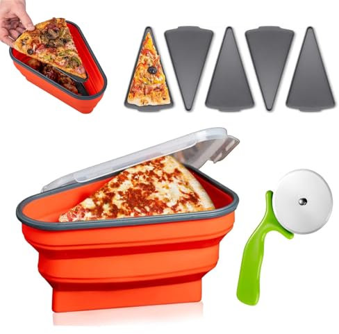 Collapsible Pizza Box - Reusable Silicone Pizza Storage Container with Pizza Cutter Wheel & 5 Microwavable Trays, Leftover Pizza Holder, Tortilla Wrap Storage Container, BPA-free Pizza Saver (Red)