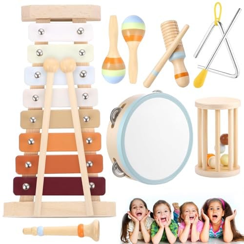 Yesmoyhe Instrument de Musique Enfant en Bois, 7 pièces Bebe Instrument de Musique, Jouets Musicaux Montessori Bois, Jouet Montessori avec Xylophone Trompette Tambour Maracas, Cadeau pour Enfant