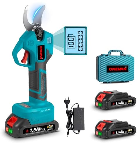 ONEVAN Akku Astschere 30mm Schnittdurchmesser, 4-Gang Bürstenlose Elektrische Gartenschere mit 2 1500mAh Akkus, LCD-Display & SK5 Klingen, Akku Baumschere für Garten und Baum Beschneide