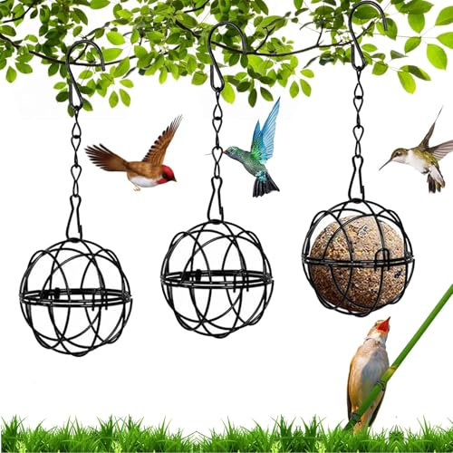 3 PCS Fat Ball Feeder, Metal Fat Ball Bird Holder With 3 S-shaped Hooks and 3 Plastic Fruit Fork, Weatherproof & Durable, Squirrel-Proof Design for Outdoor Garden Birds, Finches, Sparrows, Robins