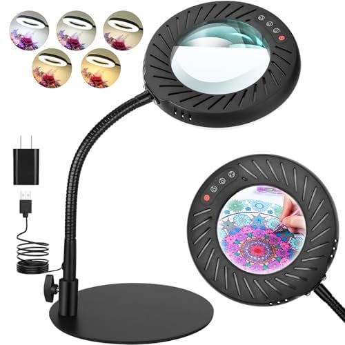 Coteck 10X Lupe mit Licht und Ständer, 5 Farbmodi Dimmbar, Flexible Schwanenhals LED Schreibtischlampe Hände Frei für Malerei, Kunsthandwerk, Hobby, Nähen, Schließen Arbeit