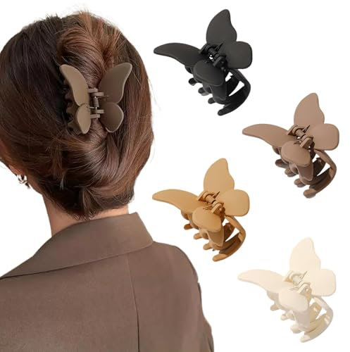 Ypkia Lot de 4 pinces à cheveux en forme de papillon - Taille moyenne - Mat - Antidérapantes - Pour femmes et filles - Cheveux épais et fins - Couleurs neutres