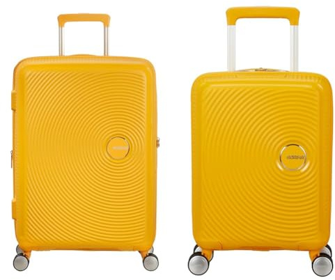 American Tourister Soundbox & Soundbox Mini - Erweiterbares Handgepäck, 67 cm, 81 L & Kinderkoffer, 47 cm, 22 L - Familien-Set - Goldgelb