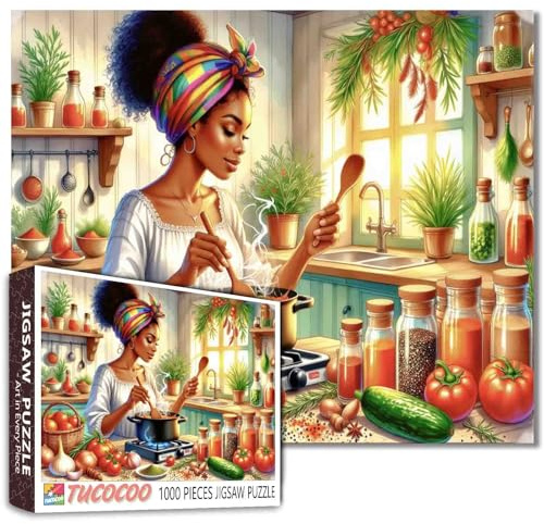 Tucocoo Sunlit Küchenpuzzle für Erwachsene 1000 Teile, lebendige Kochszene Puzzle mit schwarzer Frau Koch, frischem Gemüse, Gewürzen - Spaß herausforderndes Puzzle Geschenk für Frauen Männer Home Wall