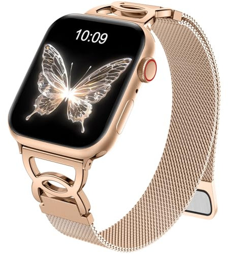 Mastten Schmal Metall Magnetisch Armbänder Kompatibel mit Apple Watch SE Armband 40mm 41mm 42mm 38mm, Elegant Edelstahl Metallarmband für iWatch Series SE 10 9 8 7 6 5 4 3 Damen Herren, Rosegold