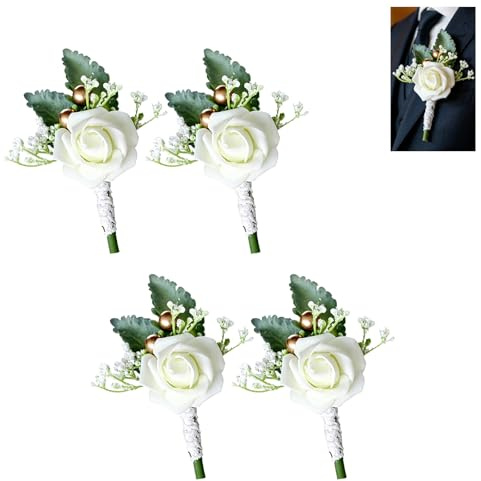 GIONAR 4 Pcs Button Holes Flowers Wedding, Handmade Rose Wedding Boutonniere Set, Artificial Corsage Flowers for Groom Men Bridal Women Prom Banquet, Buttonholes for Bridesmaid Groomsman (White)